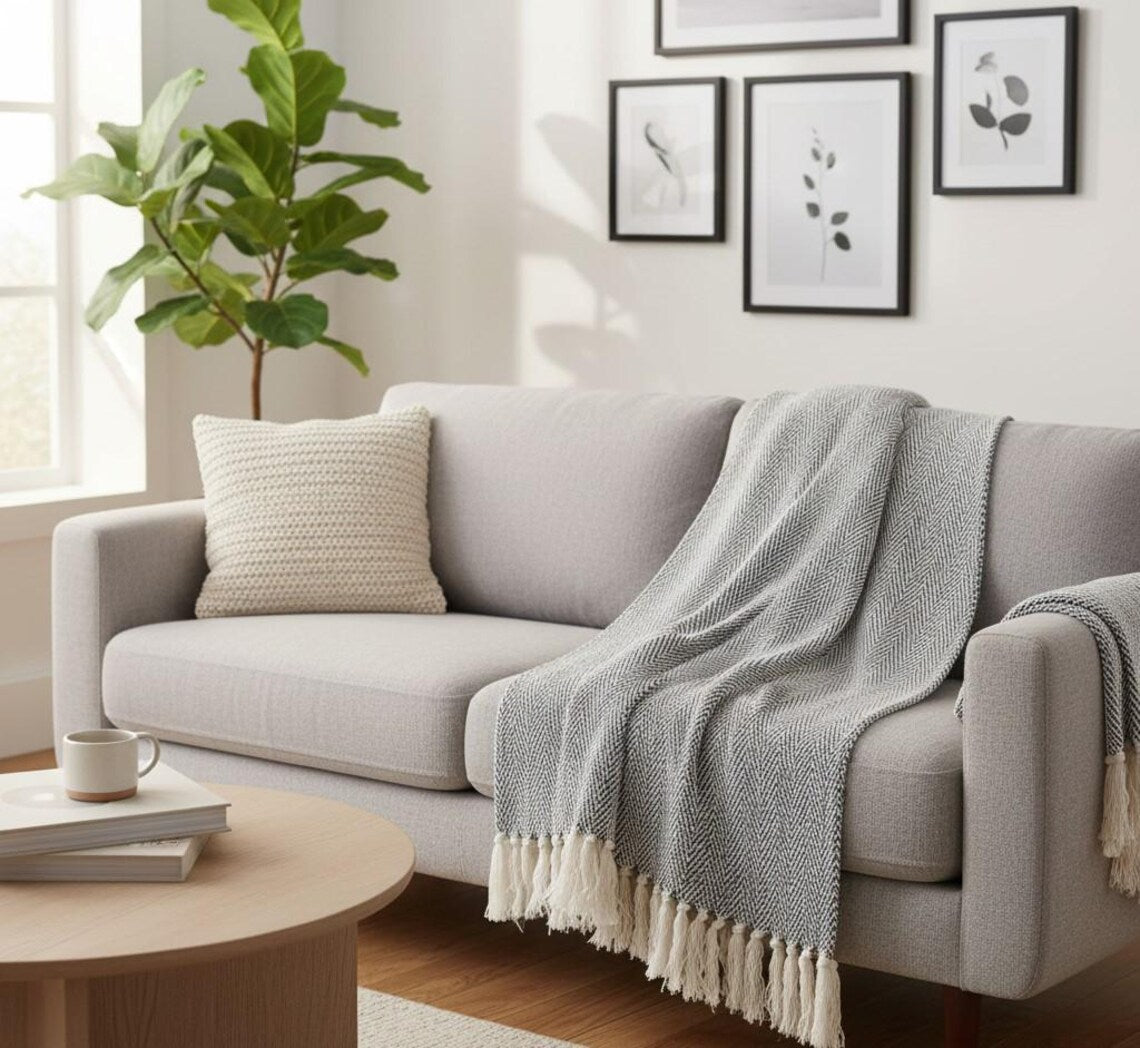 Plaid en Coton à Chevrons Gris - 125 x 150 cm