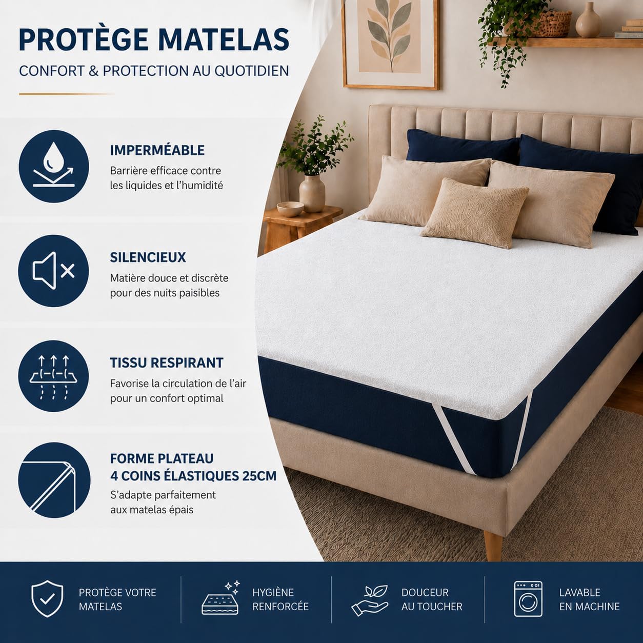Protège-matelas Imperméable Respirant à 4 Coins Élastiques - Alèse Douce et Silencieuse