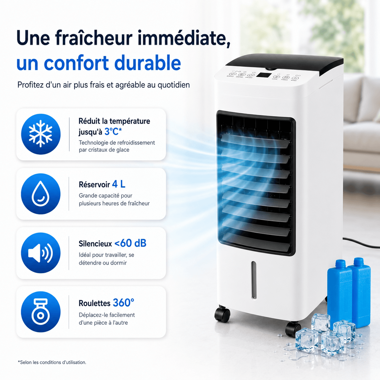 Rafraîchisseur d'Air 3 en 1 Silencieux 65W Réservoir 4L Télécommande