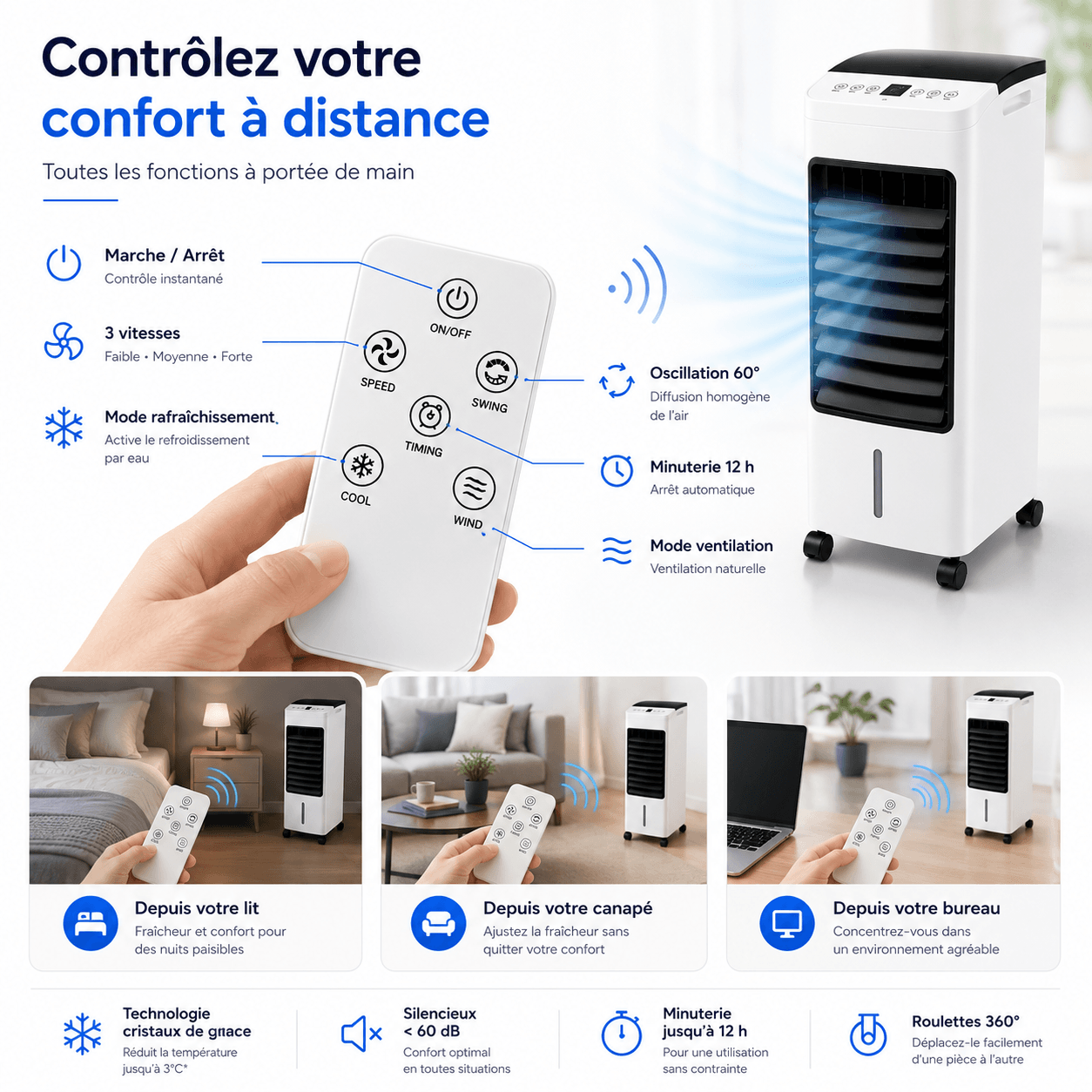 Rafraîchisseur d'Air 3 en 1 Silencieux 65W Réservoir 4L Télécommande