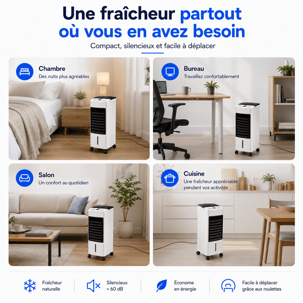 Rafraîchisseur d'Air 3 en 1 Silencieux 65W Réservoir 4L Télécommande