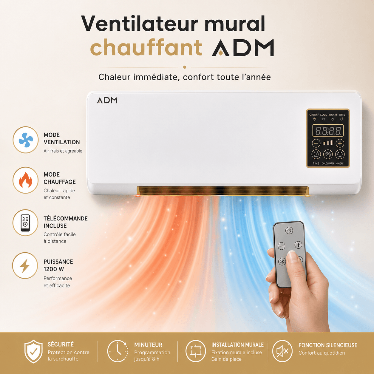 Ventilateur Mural 2 en 1 1200 W – Mode Ventilation et Chauffage, Télécommande, Écran LED, Minuterie 6 h, Blanc