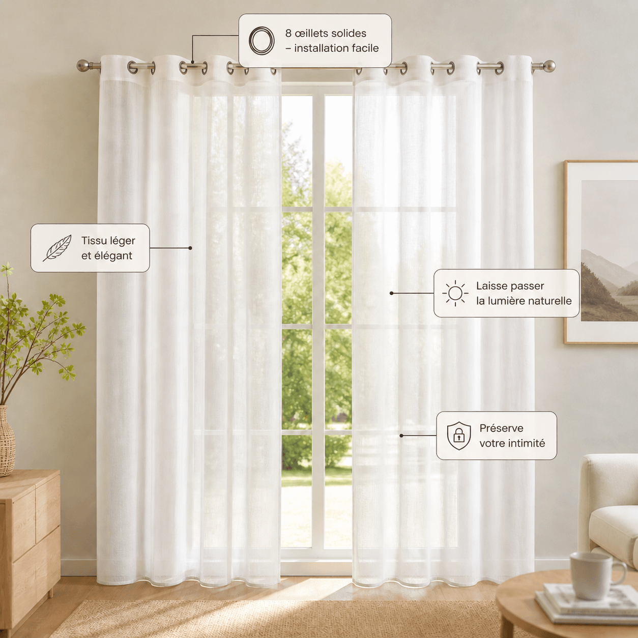 Lot de 2 rideaux voilages blancs 140x240 cm à oeillets transparents